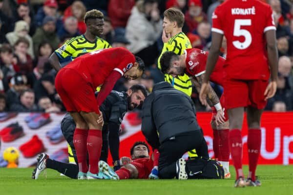 LIVERPOOL, ENGLAND - Saturday, December 23, 2023: Liverpool's Luis Díaz goes down with an injury during the FA Premier League match between Liverpool FC and Arsenal FC at Anfield. (Photo by David Rawcliffe/Propaganda)