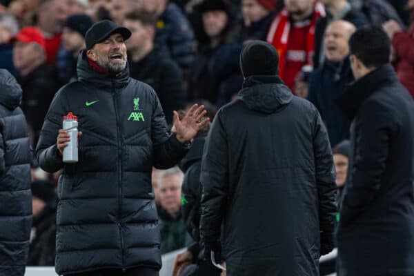 LIVERPOOL, ENGLAND - Saturday, December 23, 2023: Liverpool's manager Jürgen Klopp reacts after Arsenal's Bukayo Saka escapes a red card during the FA Premier League match between Liverpool FC and Arsenal FC at Anfield. (Photo by David Rawcliffe/Propaganda)