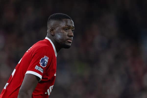 LIVERPOOL, ENGLAND - Saturday, December 23, 2023: Liverpool's Ibrahima Konaté during the FA Premier League match between Liverpool FC and Arsenal FC at Anfield. (Photo by David Rawcliffe/Propaganda)