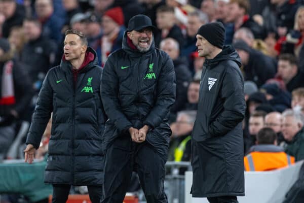 LIVERPOOL, ENGLAND - Saturday, December 23, 2023: Liverpool's manager Jürgen Klopp reacts as Arsenal's Bukayo Saka escapes a red card during the FA Premier League match between Liverpool FC and Arsenal FC at Anfield. (Photo by David Rawcliffe/Propaganda)