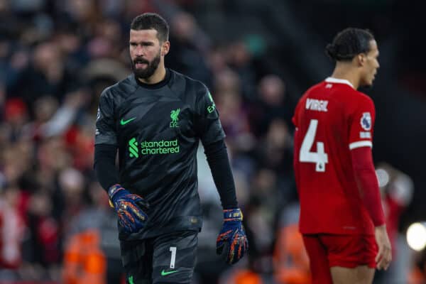 LIVERPOOL, ENGLAND - Saturday, December 23, 2023: Liverpool's goalkeeper Alisson Becker after the FA Premier League match between Liverpool FC and Arsenal FC at Anfield. The game ended in a 1-1 draw. (Photo by David Rawcliffe/Propaganda)