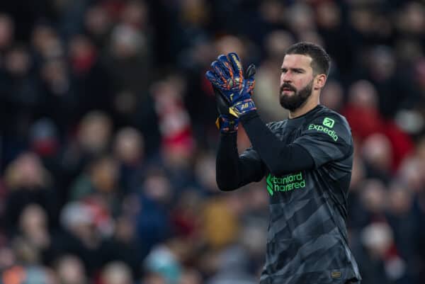 LIVERPOOL, ENGLAND - Saturday, December 23, 2023: Liverpool's goalkeeper Alisson Becker applauds the supporters after the FA Premier League match between Liverpool FC and Arsenal FC at Anfield. The game ended in a 1-1 draw. (Photo by David Rawcliffe/Propaganda)