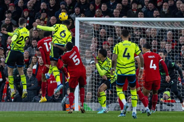 LIVERPOOL, ENGLAND - Saturday, December 23, 2023: Arsenal's Gabriel Magalhães scores the first goal during the FA Premier League match between Liverpool FC and Arsenal FC at Anfield. (Photo by David Rawcliffe/Propaganda)