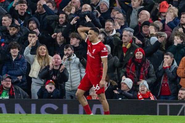 LIVERPOOL, ENGLAND - Saturday, December 23, 2023: Liverpool's Trent Alexander-Arnold and supporters react after a miss during the FA Premier League match between Liverpool FC and Arsenal FC at Anfield. (Photo by David Rawcliffe/Propaganda)