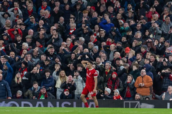 LIVERPOOL, ENGLAND - Saturday, December 23, 2023: Liverpool's Trent Alexander-Arnold and supporters react after a miss during the FA Premier League match between Liverpool FC and Arsenal FC at Anfield. (Photo by David Rawcliffe/Propaganda)