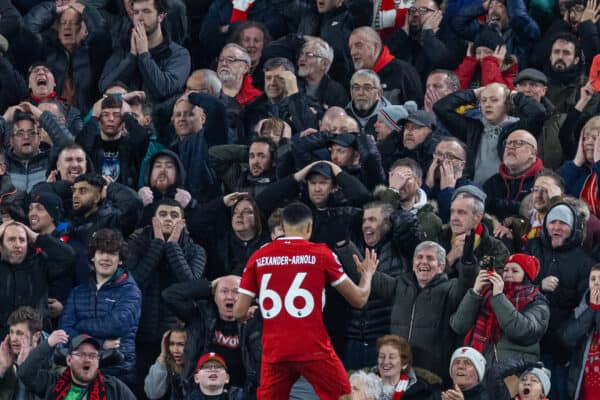 LIVERPOOL, ENGLAND - Saturday, December 23, 2023: Liverpool's Trent Alexander-Arnold and supporters react after a miss during the FA Premier League match between Liverpool FC and Arsenal FC at Anfield. (Photo by David Rawcliffe/Propaganda)