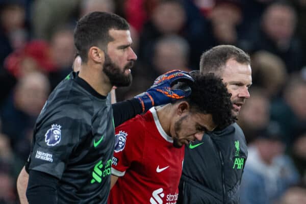 LIVERPOOL, ENGLAND - Saturday, December 23, 2023: Liverpool's Luis Díaz goes off with an injury during the FA Premier League match between Liverpool FC and Arsenal FC at Anfield. (Photo by David Rawcliffe/Propaganda)