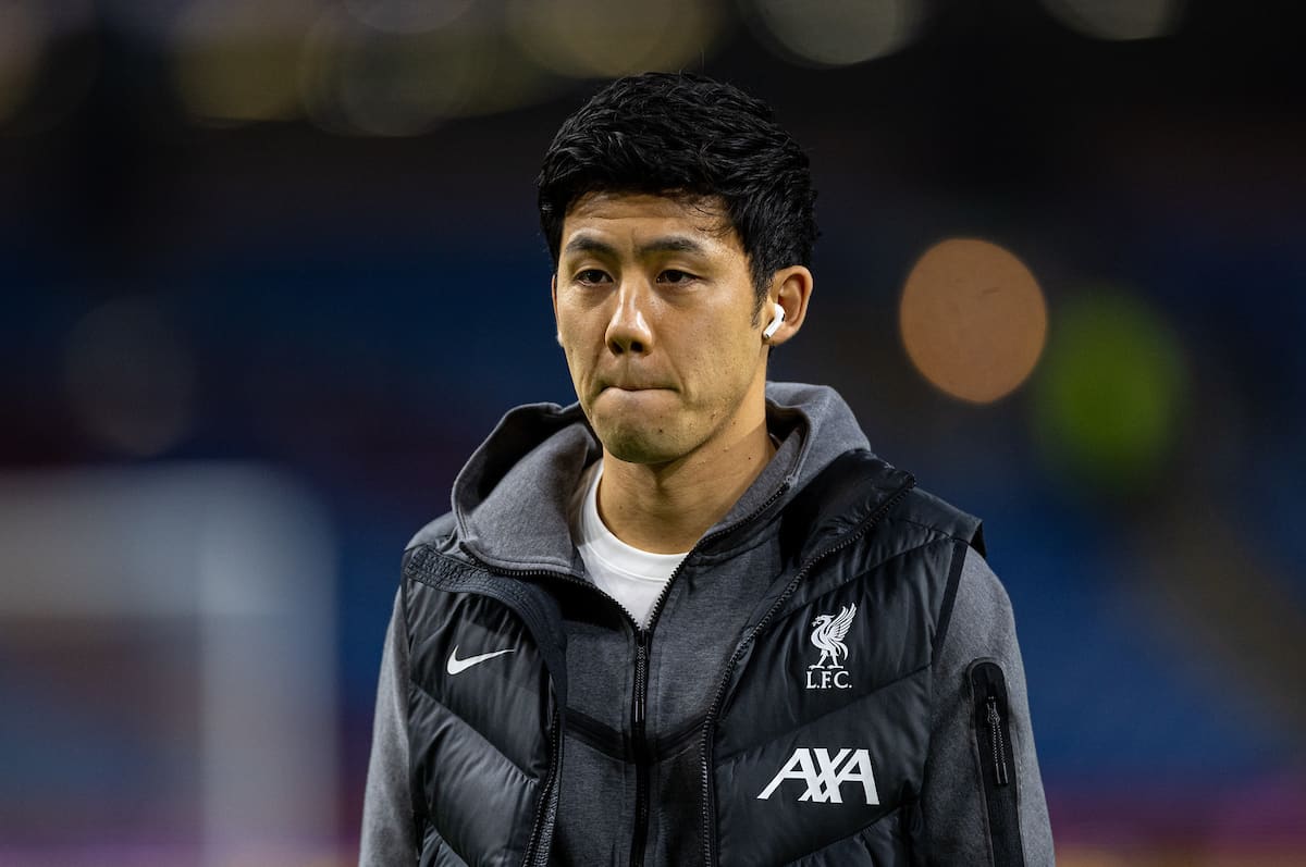 BURNLEY, ENGLAND - Tuesday, December 26, 2023: Liverpool's Wataru End? on the pitch before the FA Premier League match between Burnley FC and Liverpool FC at Turf Moor. (Photo by David Rawcliffe/Propaganda)