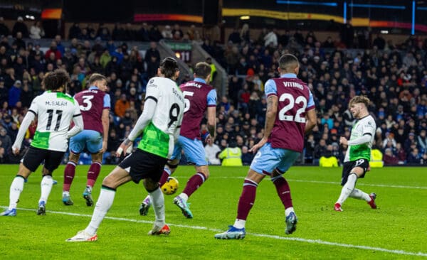 BURNLEY, ENGLAND - Tuesday, December 26, 2023: Liverpool's Harvey Elliott scores the second goal, but it is disallowed, during the FA Premier League match between Burnley FC and Liverpool FC at Turf Moor. (Photo by David Rawcliffe/Propaganda)
