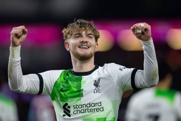 BURNLEY, ENGLAND - Tuesday, December 26, 2023: Liverpool's Harvey Elliott celebrates after scoring the second goal, but it is disallowed, during the FA Premier League match between Burnley FC and Liverpool FC at Turf Moor. (Photo by David Rawcliffe/Propaganda)
