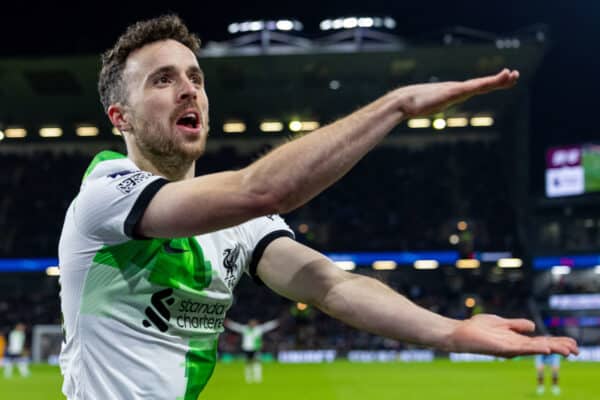 BURNLEY, ENGLAND - Tuesday, December 26, 2023: Liverpool's Diogo Jota celebrates scoring the second goal in the 90th minute during the FA Premier League match between Burnley FC and Liverpool FC at Turf Moor. (Photo by David Rawcliffe/Propaganda)