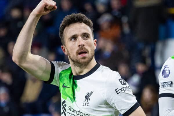 BURNLEY, ENGLAND - Tuesday, December 26, 2023: Liverpool's Diogo Jota celebrates scoring the second goal in the 90th minute during the FA Premier League match between Burnley FC and Liverpool FC at Turf Moor. (Photo by David Rawcliffe/Propaganda)