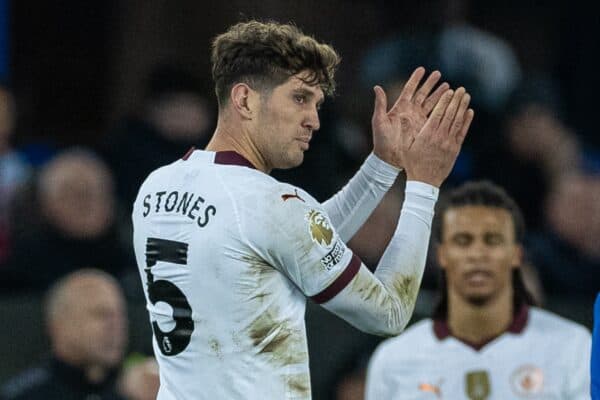 LIVERPOOL, ENGLAND - Wednesday, December 27, 2023: Manchester City's John Stones applauds the supporters as he goes off with an injury during the FA Premier League match between Everton FC and Manchester City FC at Goodison Park. (Photo by David Rawcliffe/Propaganda)