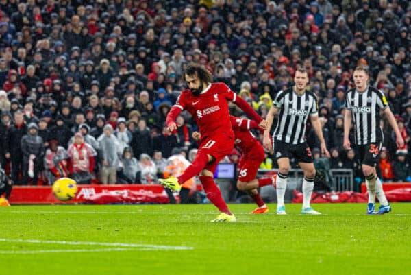 LIVERPOOL, ENGLAND - Monday, January 1, 2024: Liverpool's Mohamed Salah takes, and missing, a peanalty kick, during the FA Premier League match between Liverpool FC and Newcastle United FC on New Year's Day at Anfield. (Photo by David Rawcliffe/Propaganda)