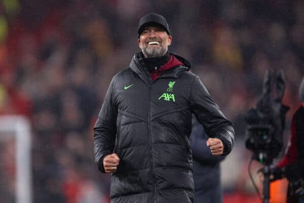 LIVERPOOL, ENGLAND - Monday, January 1, 2024: Liverpool's manager Jürgen Klopp celebrates after the FA Premier League match between Liverpool FC and Newcastle United FC on New Year's Day at Anfield. Liverpool won 4-2. (Photo by David Rawcliffe/Propaganda)