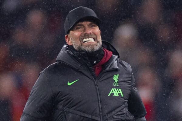 LIVERPOOL, ENGLAND - Monday, January 1, 2024: Liverpool's manager Jürgen Klopp celebrates after the FA Premier League match between Liverpool FC and Newcastle United FC on New Year's Day at Anfield. Liverpool won 4-2. (Photo by David Rawcliffe/Propaganda)