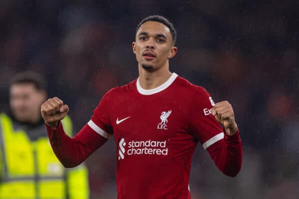 LIVERPOOL, ENGLAND - Monday, January 1, 2024: Liverpool's Trent Alexander-Arnold celebrates after the FA Premier League match between Liverpool FC and Newcastle United FC on New Year's Day at Anfield. Liverpool won 4-2. (Photo by David Rawcliffe/Propaganda)