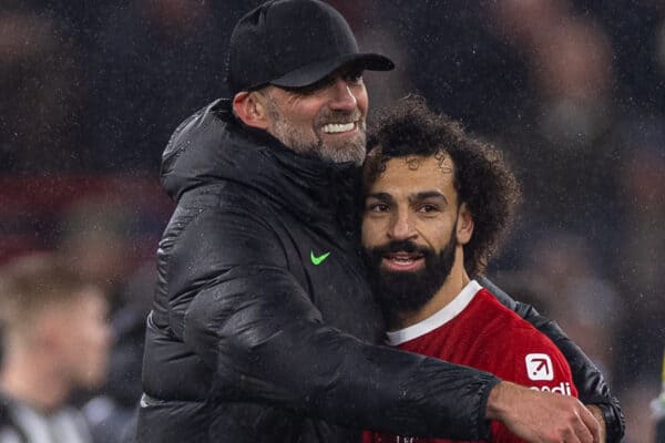 LIVERPOOL, ENGLAND - Monday, January 1, 2024: Liverpool's manager Jürgen Klopp embraces two-goal hero Mohamed Salah after the FA Premier League match between Liverpool FC and Newcastle United FC on New Year's Day at Anfield. Liverpool won 4-2. (Photo by David Rawcliffe/Propaganda)