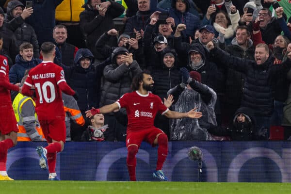 LIVERPOOL, ENGLAND - Monday, January 1, 2024: Liverpool's Mohamed Salah celebrates after scoring the fourth goal during the FA Premier League match between Liverpool FC and Newcastle United FC on New Year's Day at Anfield. (Photo by David Rawcliffe/Propaganda)
