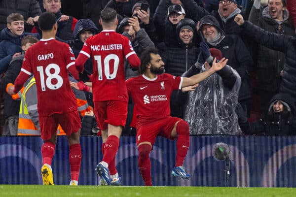 LIVERPOOL, ENGLAND - Monday, January 1, 2024: Liverpool's Mohamed Salah celebrates after scoring the fourth goal during the FA Premier League match between Liverpool FC and Newcastle United FC on New Year's Day at Anfield. (Photo by David Rawcliffe/Propaganda)