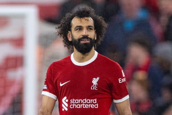LIVERPOOL, ENGLAND - Monday, January 1, 2024: Liverpool's Mohamed Salah celebrates after scoring the fourth goal during the FA Premier League match between Liverpool FC and Newcastle United FC on New Year's Day at Anfield. (Photo by David Rawcliffe/Propaganda)