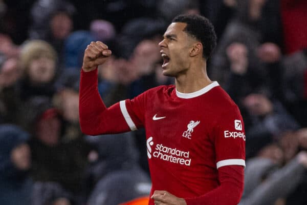 LIVERPOOL, ENGLAND - Monday, January 1, 2024: Liverpool's Cody Gakpo celebrates after scoring the third goal during the FA Premier League match between Liverpool FC and Newcastle United FC on New Year's Day at Anfield. (Photo by David Rawcliffe/Propaganda)