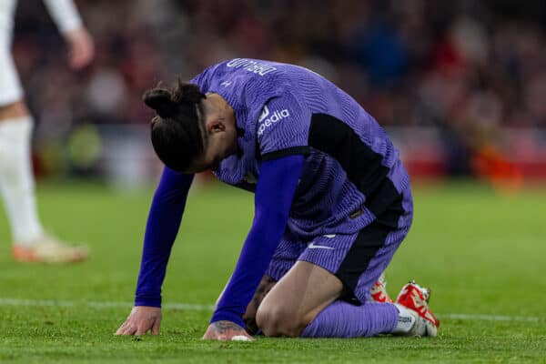 LONDON, ENGLAND - Sunday, January 7, 2024: Liverpool's Darwin Núñez looks dejected after missing a chance during the FA Cup 3rd Round match between Arsenal FC and Liverpool FC at the Emirates Stadium. (Photo by David Rawcliffe/Propaganda)