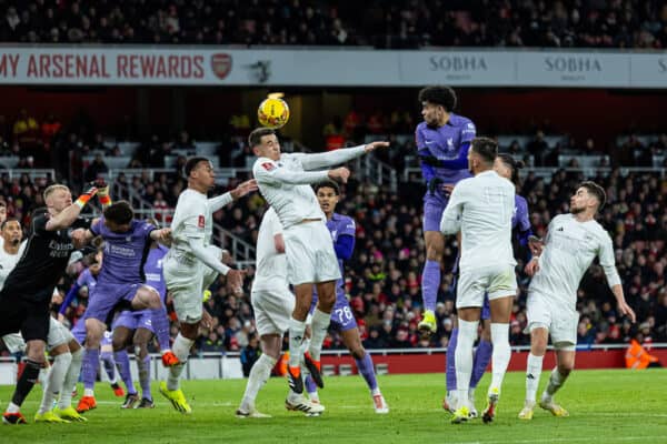 LONDON, ENGLAND - Sunday, January 7, 2024: Arsenal's Jakub Kiwior scores an own-goal to give Liverpool a 1-0 lead during the FA Cup 3rd Round match between Arsenal FC and Liverpool FC at the Emirates Stadium. (Photo by David Rawcliffe/Propaganda)