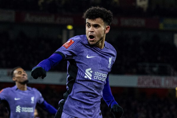 LONDON, ENGLAND - Sunday, January 7, 2024: Liverpool's Luis Díaz celebrates his side's openimg goal during the FA Cup 3rd Round match between Arsenal FC and Liverpool FC at the Emirates Stadium. (Photo by David Rawcliffe/Propaganda)