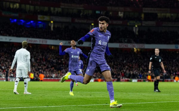 LONDON, ENGLAND - Sunday, January 7, 2024: Liverpool's Luis Díaz celebrates his side's openimg goal during the FA Cup 3rd Round match between Arsenal FC and Liverpool FC at the Emirates Stadium. (Photo by David Rawcliffe/Propaganda)