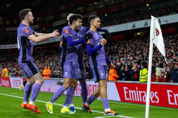 LONDON, ENGLAND - Sunday, January 7, 2024: Liverpool's Trent Alexander-Arnold (R) and team-mates celebrates their side's openimg goal during the FA Cup 3rd Round match between Arsenal FC and Liverpool FC at the Emirates Stadium. (Photo by David Rawcliffe/Propaganda)