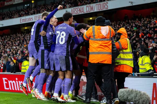 LONDON, ENGLAND - Sunday, January 7, 2024: Liverpool's Trent Alexander-Arnold (R) and team-mates celebrates their side's openimg goal during the FA Cup 3rd Round match between Arsenal FC and Liverpool FC at the Emirates Stadium. (Photo by David Rawcliffe/Propaganda)