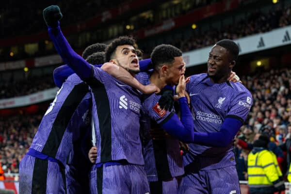 LONDON, ENGLAND - Sunday, January 7, 2024: Liverpool's Luis Díaz, Trent Alexander-Arnold and Ibrahima Konaté celebrate their side's openimg goal during the FA Cup 3rd Round match between Arsenal FC and Liverpool FC at the Emirates Stadium. (Photo by David Rawcliffe/Propaganda)