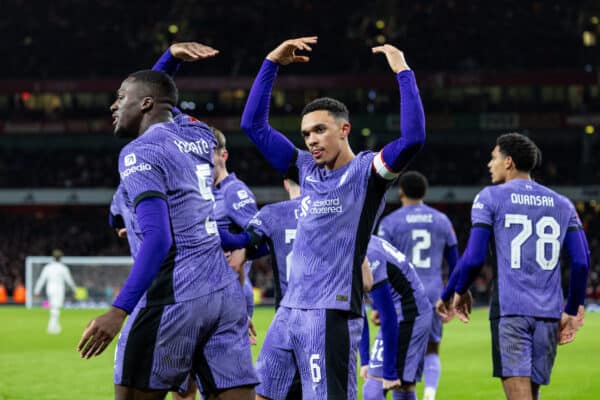 LONDON, ENGLAND - Sunday, January 7, 2024: Liverpool's Trent Alexander-Arnold (C) celebrates their side's openimg goal during the FA Cup 3rd Round match between Arsenal FC and Liverpool FC at the Emirates Stadium. (Photo by David Rawcliffe/Propaganda)