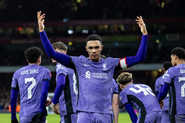 LONDON, ENGLAND - Sunday, January 7, 2024: Liverpool's Trent Alexander-Arnold celebrates their side's openimg goal during the FA Cup 3rd Round match between Arsenal FC and Liverpool FC at the Emirates Stadium. (Photo by David Rawcliffe/Propaganda)