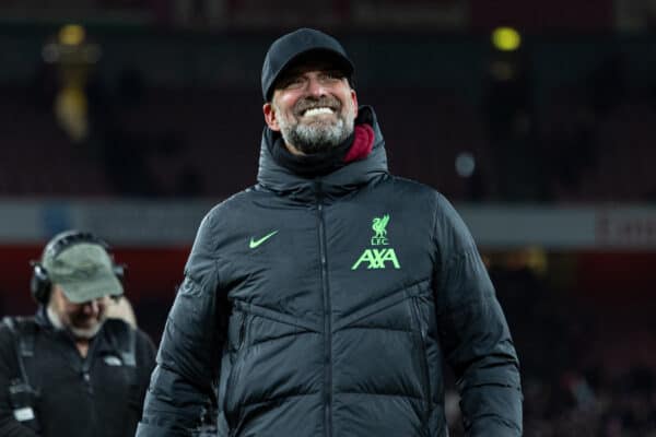 LONDON, ENGLAND - Sunday, January 7, 2024: Liverpool's manager Jürgen Klopp celebrates after the FA Cup 3rd Round match between Arsenal FC and Liverpool FC at the Emirates Stadium. Liverpool won 2-0. (Photo by David Rawcliffe/Propaganda)