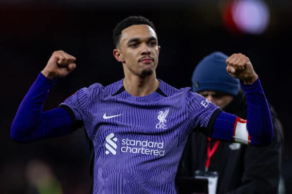 LONDON, ENGLAND - Sunday, January 7, 2024: Liverpool's Trent Alexander-Arnold celebrates after the FA Cup 3rd Round match between Arsenal FC and Liverpool FC at the Emirates Stadium. Liverpool won 2-0. (Photo by David Rawcliffe/Propaganda)