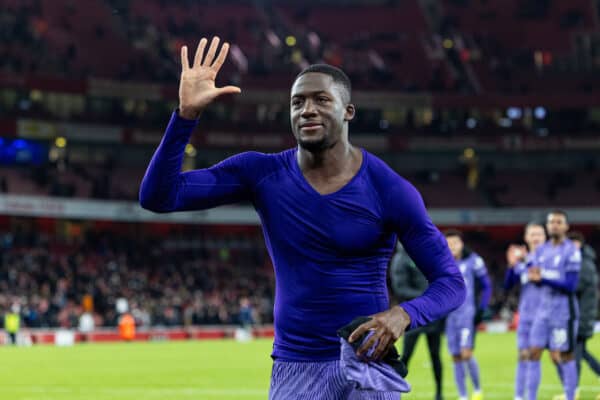 LONDON, ENGLAND - Sunday, January 7, 2024: Liverpool's Ibrahima Konaté celebrates after the FA Cup 3rd Round match between Arsenal FC and Liverpool FC at the Emirates Stadium. Liverpool won 2-0. (Photo by David Rawcliffe/Propaganda)