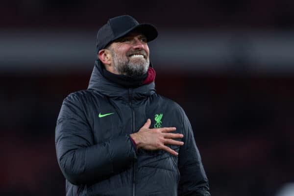 LONDON, ENGLAND - Sunday, January 7, 2024: Liverpool's manager Jürgen Klopp celebrates after the FA Cup 3rd Round match between Arsenal FC and Liverpool FC at the Emirates Stadium. Liverpool won 2-0. (Photo by David Rawcliffe/Propaganda)