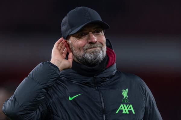 LONDON, ENGLAND - Sunday, January 7, 2024: Liverpool's manager Jürgen Klopp celebrates after the FA Cup 3rd Round match between Arsenal FC and Liverpool FC at the Emirates Stadium. Liverpool won 2-0. (Photo by David Rawcliffe/Propaganda)