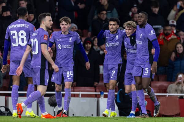 LONDON, ENGLAND - Sunday, January 7, 2024: Liverpool's Luis Díaz (3rd from R) celebrates after scoring the second goal during the FA Cup 3rd Round match between Arsenal FC and Liverpool FC at the Emirates Stadium. Liverpool won 2-0. (Photo by David Rawcliffe/Propaganda)