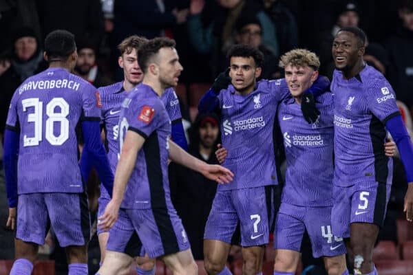 LONDON, ENGLAND - Sunday, January 7, 2024: Liverpool's Luis Díaz (3rd from R) celebrates after scoring the second goal during the FA Cup 3rd Round match between Arsenal FC and Liverpool FC at the Emirates Stadium. Liverpool won 2-0. (Photo by David Rawcliffe/Propaganda)