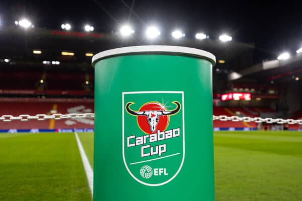 LIVERPOOL, ENGLAND - Wednesday, January 10, 2024: Carabao sponsorship branding seen before the Football League Cup Semi-Final 1st Leg match between Liverpool FC and Fulham FC at Anfield. (Photo by David Rawcliffe/Propaganda)