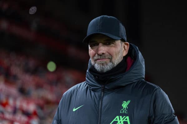 LIVERPOOL, ENGLAND - Wednesday, January 10, 2024: Liverpool's manager Jürgen Klopp before the Football League Cup Semi-Final 1st Leg match between Liverpool FC and Fulham FC at Anfield. (Photo by David Rawcliffe/Propaganda)