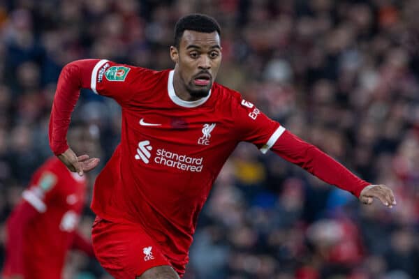 LIVERPOOL, ENGLAND - Wednesday, January 10, 2024: Liverpool's Ryan Gravenberch during the Football League Cup Semi-Final 1st Leg match between Liverpool FC and Fulham FC at Anfield. (Photo by David Rawcliffe/Propaganda)