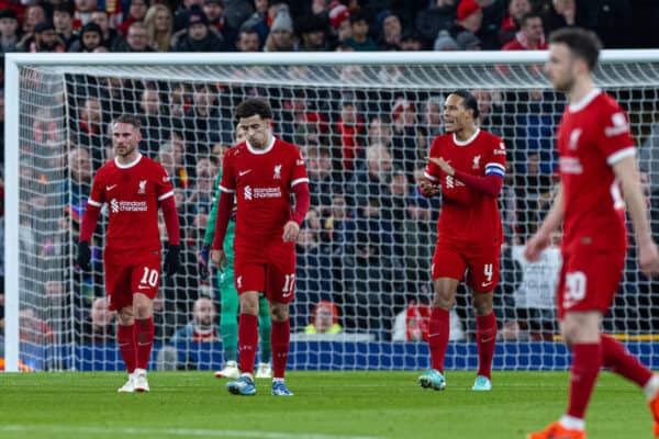 LIVERPOOL, ENGLAND - Wednesday, January 10, 2024: Liverpool's captain Virgil van Dijk (R) looks dejected as Fulham score the opening goal during the Football League Cup Semi-Final 1st Leg match between Liverpool FC and Fulham FC at Anfield. (Photo by David Rawcliffe/Propaganda)