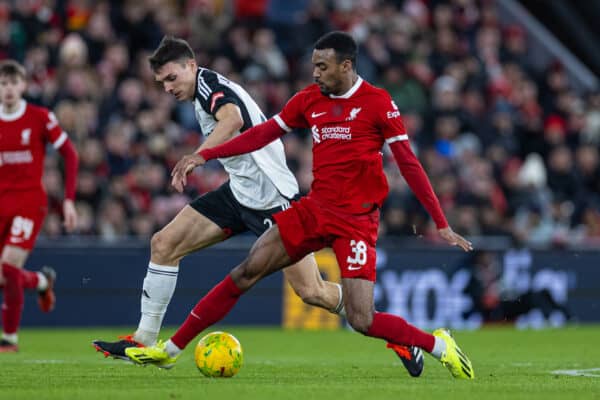 LIVERPOOL, ENGLAND - Wednesday, January 10, 2024: Liverpool's Ryan Gravenberch during the Football League Cup Semi-Final 1st Leg match between Liverpool FC and Fulham FC at Anfield. (Photo by David Rawcliffe/Propaganda)