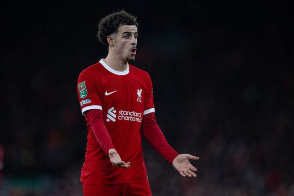 LIVERPOOL, ENGLAND - Wednesday, January 10, 2024: Liverpool's Curtis Jones during the Football League Cup Semi-Final 1st Leg match between Liverpool FC and Fulham FC at Anfield. (Photo by David Rawcliffe/Propaganda)