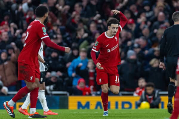 LIVERPOOL, ENGLAND - Wednesday, January 10, 2024: Liverpool's Curtis Jones celebrates after scoring the first equalising goal during the Football League Cup Semi-Final 1st Leg match between Liverpool FC and Fulham FC at Anfield. (Photo by David Rawcliffe/Propaganda)