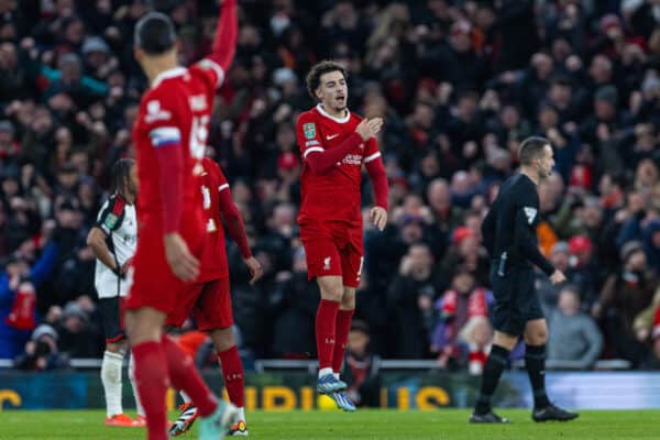 LIVERPOOL, ENGLAND - Wednesday, January 10, 2024: Liverpool's Curtis Jones celebrates after scoring the first equalising goal during the Football League Cup Semi-Final 1st Leg match between Liverpool FC and Fulham FC at Anfield. (Photo by David Rawcliffe/Propaganda)